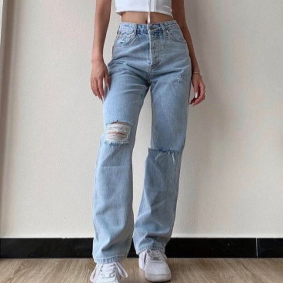 Blue distressed high-rise jeans straight-leg jeans